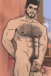 bara danse_(fallout_4) facial_hair fallout fallout_4 hairy hairy_chest hairy_male leaking_cum leaking_precum male male_focus male_only muscular_male paladin_danse smiling smiling_at_viewer solo_male th1rstyk1ng winking winking_at_viewer