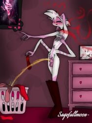 angel_dust animal_genitalia animal_humanoid anthro arachnid arachnid_humanoid arthropod arthropod_humanoid blush blush_lines bodily_fluids demon drugged fat_nuggets_(vivzmind) femboy genital_fluids genitals hazbin_hotel humanoid male male_only mind_control peeing piss pissing sagefullmoon sheath solo solo_male spider spider_humanoid substance_intoxication urine wetting