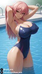 1girls ai_generated cleavage covered_nipples covered_pussy gumi_arts huge_breasts idolmaster idolmaster_cinderella_girls in_water jougasaki_mika one_piece_swimsuit outdoors pink_hair pool smile stable_diffusion swimsuit thick_thighs wet wet_body wide_hips yellow_eyes