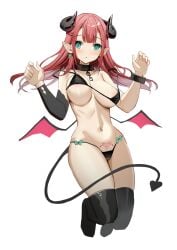 1girls bare_shoulders bikini black_bikini black_collar black_horns black_sleeves black_tail blush bow bow_bikini braid breasts chains collar collarbone curled_horns demon_girl demon_horns demon_tail demon_wings detached_sleeves double_strap_slip earrings female female_only green_bow green_eyes hands_up heart heart_earrings heart_tattoo highres horns jewelry large_breasts long_hair looking_at_viewer navel original pink_hair pink_wings pointy_ears pubic_tattoo ribs simple_background single_detached_sleeve single_earring solo stomach succubus succubus_tattoo swimsuit tail tattoo thighs white_background wings yuu_(yuu_ammy)