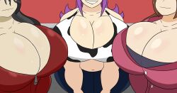 3girls big_breasts cleavage cow_print huge_breasts igphhangout janitor kuki_walkers_(igph) multiple_girls nervous_smile office_clothing purple_hair shelly_(igphhangout) smile titania_(igphhangout)