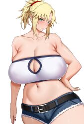 1girls arind_yudha blonde_hair blush braid breasts cleavage clothed clothing fate/grand_order fate_(series) female female_only green_eyes huge_breasts large_breasts looking_at_viewer mordred_(fate) ponytail shorts solo thick_thighs tied_hair