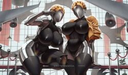 atomic_heart big_breasts blonde_hair braided_hair female_robot gold_jacket gynoid left_(atomic_heart) mikeymegamega right_(atomic_heart) robot robot_girl robot_humanoid the_twins_(atomic_heart) thick thick_thighs thighs