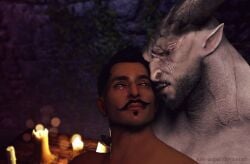 2boys 3d 3d_artwork 3d_model anthro bara beard_stubble beauty_mark candle candlelight candles canon_couple couple cute dark-skinned_male dark_hair dark_skin dorian_pavus dragon_age dragon_age_inquisition duo facial_hair gay gay_male grey_body grey_skin horn horns human iron_bull just-jasper looking_at_another looking_at_partner mage male male/male male_only mole moustache moustache one_eyed pansexual_male pointy_ears qunari romantic romantic_ambiance romantic_couple scar smile smiling stubble video_games yaoi