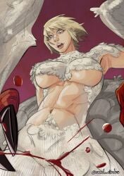 1girls abs artist_name blonde_hair blood blood_splatter busty chimera claws delicious_in_dungeon dungeon_meshi falin_touden falin_touden_(chimera) feathers fit_female light-skinned_female light_skin no_nipples sand_circles underboob wings yellow_eyes