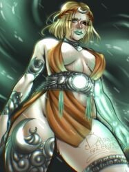 armor barely_clothed below_view black_sclera blonde_hair bob_cut breasts clothed demonzzi digital_drawing_(artwork) dripping_pussy fanart female glowing green_eyes grimace hades_(game) hades_2 heterochromia hidden_pussy looking_at_viewer melinoe pale_skin pinup red_eyes sideboob sweat sweaty underboob