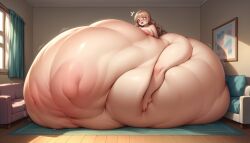 ai_generated barefoot belly_bigger_than_body colossal_belly female_pred full-face_blush huge_breasts huge_thighs hyper_belly immobile imprint large_areolae large_nipples light_brown_hair living_room long_hair lying_on_belly mini_giantess multiple_prey scared stable_diffusion struggling_prey thick_thighs vore wavy_hair wide_hips worried