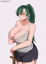 1girls big_breasts breasts clothing cuddlephish0 earrings female female_only fire_emblem fire_emblem:_the_blazing_blade green_eyes green_hair huge_breasts long_hair lyn_(fire_emblem) nintendo no_bra ponytail shirt_pull shorts simple_background sweat tank_top tight_clothing