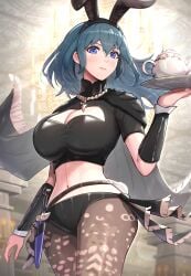 1girls absurdres alternate_costume animal_ears black_cape black_panties black_shirt blue_eyes blue_hair breasts bunny_ears bunny_girl bunnysuit byleth_(female)_(fire_emblem) byleth_(fire_emblem) cape cleavage cleavage_cutout clothing_cutout cowboy_shot crop_top dagger fake_animal_ears female female female_only fire_emblem fire_emblem:_three_houses gonzarez highres knife large_breasts leggings long_hair looking_at_viewer midriff navel nintendo panties pantyhose rabbit_ears revision shirt short_sleeves solo standing stomach thighs underwear weapon