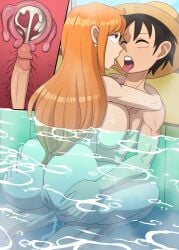 1boy 1girls after_kiss anus ass_grab bath bathing big_ass black_hair breasts breasts_against_chest cum cum_in_pussy cum_in_uterus cum_in_water cum_inside curvy dat_ass embrace eyes_rolling_back fallopian_tubes female kissing long_hair male monkey_d_luffy muscular muscular_male nami nude nude_female nude_male one_piece orange_hair penetration penis post-timeskip saliva_trail scar short_hair spiralart steam straight tongue tongue_out x-ray