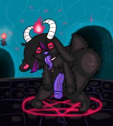 anthro ass bagumy_awoo621 big_butt big_penis black_body black_floor black_fur blue_nose blue_penis blue_tongue bovid caprine caprine_demon cavern chain_leash chains cross demon floppy_ears fluffy fluffy_arms fluffy_ass fluffy_chest fluffy_hair fluffy_tail fur genitals goat_demon hair hi_res horizontal_pupils horn inverted_cross inverted_pentagram leash long_ears long_tongue male male_only mammal occult_symbol penis pentagram presenting presenting_penis pupils red_eyes solo symbol tail thick_thighs tongue torch vein veiny_penis white_horn