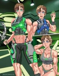 abs absurd_res genderswap_(mtf) max_steel max_steel_(character) muscle_girl suit taller_girl tomboy