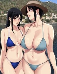 2girls big_breasts bikini bikini_bottom bikini_top black_eyes black_hair blue_bikini bottomwear breasts cleavage daughter ear_piercing earrings female female_only hair hat headwear huge_breasts large_breasts lips long_hair mature mature_female mature_woman meme milf mole mole_under_eye mother mother_and_daughter mother_daughter_boob_envy_(meme) multiple_girls naye_(xter) nush_(xter) original original_characters red_eyes short_hair smile sun_hat swimwear thick_lips topwear white_bikini xtermination