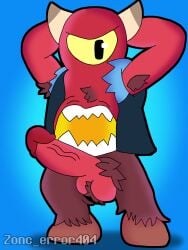 arms_behind_head balls big_balls blue_background brawl_stars demon fur gay hairy hairy_legs horns huge_cock long_penis one_eye penis posing red_skin rico_(brawl_stars) solo solo_male wearing_clothes yellow_eyes