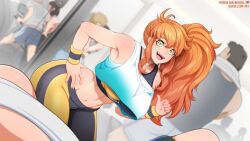 1girls background_characters before_sex female female_focus female_only fit_female gym_background gym_clothes gym_settting looking_at_viewer neocoill orange_hair original original_character ponytail side_ponytail talking_to_viewer underboob yellow_eyes