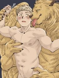 abs anthro big_dom_small_sub big_pecs blonde_hair blush caressing delicious_in_dungeon dominant dominant_anthro dominant_male dungeon_meshi duo eye_contact felid fur gay hair hi_res holding_partner horn human laios_touden larger_anthro larger_male lion looking_at_another male male/male male_only mammal molestation multiple_boys muscular muscular_anthro muscular_human muscular_male navel nipples nude pantherine pecs pubes shirako signature size_difference smaller_human smaller_male submissive submissive_human submissive_male tongue tongue_out winged_lion_(dungeon_meshi) wings yaoi yellow_body yellow_fur