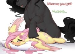 2019 ambiguous_penetration black_hair blush cutie_mark dialogue digital_media_(artwork) duo english_text equid equine evehly fangs feathered_wings feathers female female_penetrated feral fluttershy_(mlp) friendship_is_magic from_behind_position hair hi_res king_sombra_(mlp) long_hair looking_pleasured male male_penetrating mammal my_little_pony one_eye_closed open_mouth penetration penis pillow pink_hair pterippus sex simple_background straight text white_background wings