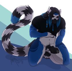anthro balls bottomless clothed clothing erection foreskin hi_res humanoid_penis kneeling lemur male male_only mammal masturbation penis precum primate redpixie solo uncircumcised uncut