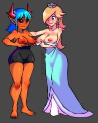 2girls crown demon_girl dress horns mario_(series) multiple_girls nintendo nyxon nyxondyx princess_rosalina standing super_mario_galaxy topless