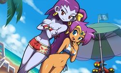 2girls beach dangergirlfan edit female multiple_girls ocean photoshop purple_hair risky_boots shantae shantae_(character) sky smooth_skin umbrella