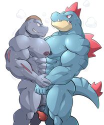 2019 2boys abs absurd_res angry anthro bara biceps blue_penis crocodilian duo feraligatr gay glans grey_glans grey_penis hi_res humanoid humanoid_penis machoke maldu male male_only mammal muscles muscular muscular_male nintendo nipples nude pecs penis penis_size_difference pink_glans pokémon_(species) pokemon pokemon_(species) reptile retracted_foreskin scalie side_view simple_background smile standing sweat teeth uncut video_games white_background yaoi