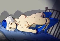 atlus big_breasts breasts elizabeth_(persona) gloves hat looking_at_viewer megami_tensei nipples nude on_back on_bed panty_pull persona persona_3 pubic_hair spookiarts stockings