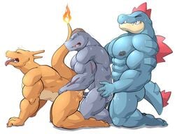 2019 3boys abs anal anal_sex anthro bara biceps charizard claws crocodilian cum cum_inside dragon feraligatr gay group group_sex hi_res humanoid humanoid_penis kneeling machoke maldu male male_only mammal muscular muscular_male nintendo nipples nude open_mouth pecs penetration penis pokémon_(species) pokemon pokemon_(species) reptile scalie sex side_view simple_background sweat teeth threesome tongue train_position video_games white_background yaoi