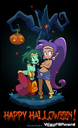 2girls dangergirlfan edit english_text female female_only halloween multiple_girls night photoshop pumpkin rottytops shantae shantae_(character) smooth_skin standing text tree