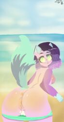 anus arms ass beach blue_tail breasts cat_ears feline feline furry glasses green_eyes legs pussy septie show_pussy show_tongue trunks_(clothing) young youtuber