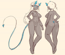 back_view demon_girl female front_view horns model_sheet monochrome norasuko sketch slush_(norasuko) solo standing succubus