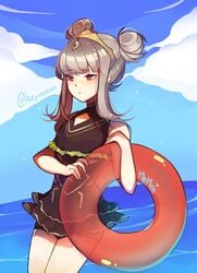 2d female fire_emblem fire_emblem_heroes grey_hair high_resolution holding long_hair memeh one-piece_swimsuit red_eyes simple_background solo swimsuit tied_hair veronica_(fire_emblem) very_high_resolution water white_background