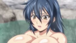 1girls animated areolae bath blue_hair blush bouncing_breasts breast_hold breast_lift breasts breasts_out brown_eyes cleavage exposed_breasts female female_only floating_breasts highres hoods_entertainment huge_breasts human kaneko_hiraku large_nipples long_hair manyuu_chifusa manyuu_hikenchou nipples no_bra nude puffy_nipples screencap solo takagi_jun talking water wet