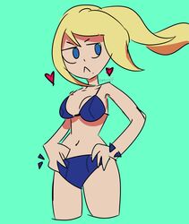 blonde_hair blue_eyes blue_swimsuit cleavage frown green_background hearts looking_away metroid mole_under_mouth navel nintendo oto_mono ponytail samus_aran sidelocks thick_thighs zero_suit_samus