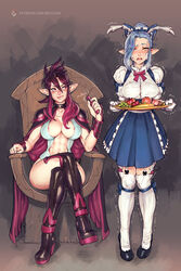 2girls animal_ears apple banana bbc-chan blush boots bow bowtie breasts breasts_apart bunny_and_fox_world cape center_opening choker clothing dress elf exhibitionism female_only femdom femsub food fruit full_body fully_clothed gloves grapes hair_over_one_eye half-closed_eyes highres large_breasts legs_crossed looking_at_viewer maid multiple_girls naughty_face nipples open_mouth original petra_(petrabnf) plate pointy_ears purple_eyes purple_hair pussy_juice_drip pussy_juice_trail saliva sitting smile standing stockings tera_(teratyrantshadic) tera_tyrant_shadic_(character) thighhighs throne trembling vambraces vibrator vibrator_on_thigh white_legwear yellow_eyes yuri