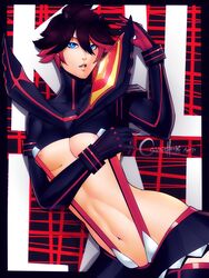 1girls artist_name black_hair blue_eyes clothing cosmichentai female female_only hair kill_la_kill matoi_ryuuko senketsu solo underboob watermark