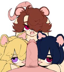 1boy 3girls ahoge animal_ears blonde_hair brown_hair collaborative_fellatio eyebrows fellatio highres looking_at_viewer male_pubic_hair meatyloafy multiple_fellatio multiple_girls open_mouth oral penis pubic_hair purple_eyes red_eyes short_hair simple_background tail teamwork teeth tongue tongue_out uncensored veins veiny_penis