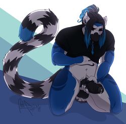 anthro balls bottomless clothed clothing erection foreskin hi_res humanoid_penis kneeling lemur male male_only mammal masturbation penis precum primate redpixie solo uncircumcised uncut