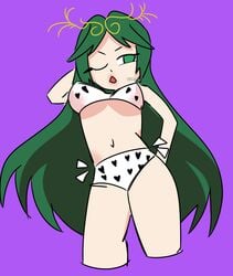 bikini green_eyes green_hair long_hair looking_away one_eye_closed open_mouth oto_mono palutena purple_background swimsuit thick_thighs