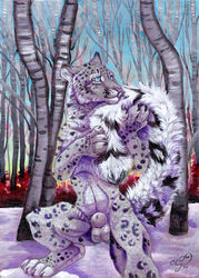 2020 4_toes acrylic_painting_(artwork) animal_genitalia anthro balls barefoot biped black_body black_fur black_spots black_tail blue_eyes blue_sky day detailed_background felid fluffy fluffy_tail forest front_view fully_sheathed fur furry_only genitals grey_body grey_fur grey_tail hi_res long_tail male male_only mammal multicolored_tail nude outside painting_(artwork) pantherine pink_nose sheath signature sky snow snow_leopard solo spots spotted_body spotted_fur spotted_tail standing step_pose tail_hug tassy toes traditional_media_(artwork) tree white_balls white_body white_fur white_sheath white_tail