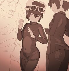 2=8 2equal8 ass belly_button belly_button_visible_through_clothing condom erect_nipples erect_nipples_under_clothes erection faceless_man female flat_chest goggles hat highres kino kino_no_tabi pants skintight sweater tomboy