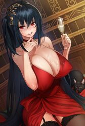 absurd_res absurdres alcohol animal azur_lane black_hair black_legwear black_lingerie black_panties black_thighhighs black_underwear blush breasts champagne champagne_flute clavicle cleavage collar cup dress drinking_glass erect_nipples erect_nipples_under_clothes eyebrows_visible_through_hair feline female hair_ornament high_resolution highres holding_cup huge_breasts indoors kkamja lingerie long_hair looking_at_viewer nipples open_mouth paid_reward panchira panchira_(sitting) pantsu patreon_reward red_dress red_eyes seductive_smile sitting smile taihou_(azur_lane) taihou_(forbidden_feast)_(azur_lane) thighhighs underwear upper_teeth very_long_hair wet wet_clothes