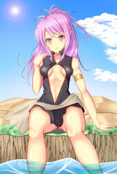 armlet breasts cleavage cleavage_cutout curvaceous feet_in_water female fire_emblem fire_emblem:_the_sacred_stones jewelry long_hair marisa_(fire_emblem) navel nintendo noeomi partially_submerged pink_hair ponytail purple_eyes purple_hair sitting small_breasts soaking_feet solo tied_hair water