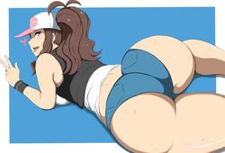 1girls armpits ass back bare_shoulders big_ass big_breasts bimbo blue_background blue_eyes bottom_heavy breasts brown_hair eye_contact female half-closed_eyes hat heart heart-shaped_pupils hilda_(pokemon) huge_ass human human_only jacket jean_shorts large_ass large_breasts long_hair looking_at_viewer looking_back offscreen_character open_mouth oryuto pokemon pokemon_bw ponytail shirt shorts skin_tight smile solo spread_legs sweat sweatband teeth thick_thighs tight_clothing tongue v wet wide_hips