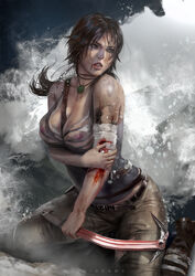 absurd_res absurdres areola_slip bow breasts clothing dirty high_resolution highres injured lara_croft lara_croft_(survivor) ripped_clothing tied_hair tomb_raider zumi