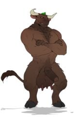 1boy anthro balls bovid bovine brown_body brown_fur cattle crossed_arms digitigrade foreskin fur genitals green_hair hair hi_res hooves horn male male_only mammal mugheyart muscular muscular_anthro muscular_male penis solo tail_tuft teats tuft udder_balls udders