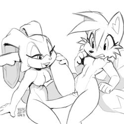 2019 anthro breasts cream_the_rabbit dated dickgirl female futa_on_female futanari imminent_sex intersex intersex/female monochrome nipples nude open_mouth penis prodding pussy rule_63 signature simple_background sketch sonic_(series) tails tailsko white_background xylas