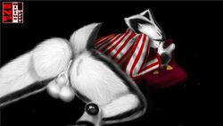 16:9 anthro ass badger balls bottomless bucky_badger clothed clothing college_football cum male mammal mascot mustelid musteline pattern_clothing simple_background smile solo university_of_wisconsin wisconsin_badgers