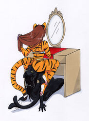 2019 4_fingers anthro brown_hair domestic_cat duo felid feline felis female fur hair kneeling mammal pantherine sitting striped_fur stripes tierafoxglove tiger