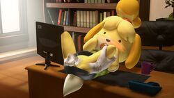 16:9 1boy 1girls 3d 4k absurd_res animal_crossing anthro ass balls blush bottomless_skirt canid canine canis chair clothed clothing cum cum_drip cumshot desk disembodied_hand disembodied_penis domestic_dog duo ejaculation erection female female_penetrated fur hi_res isabelle_(animal_crossing) leg_grab lying male male_penetrating mammal monitor nintendo no_panties no_underwear on_back open_mouth owo_sfm penetration penis pussy sex shirt skirt solo_focus straight vaginal_penetration video_games yellow_fur