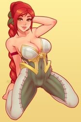 1girls alternate_costume big_breasts braid braided_ponytail breasts cassie_(paladins) cleavage dragoncaller_cassie female green_eyes hand_behind_head hand_on_head lettuedn looking_at_viewer paladins petite ponytail ponytail_braid red_hair seductive_look solo tight_clothing yellow_background